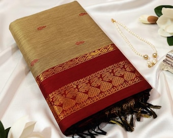 Sari de seda y algodón Gadwal tejido a mano, elegante, beige con borde zari granate