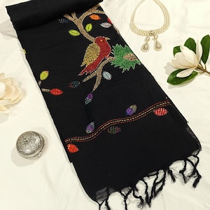 Kantha Stitch Applique Khadi Cotton Saree | Hand Embroidered Bird Motif Bengal Handloom Sari