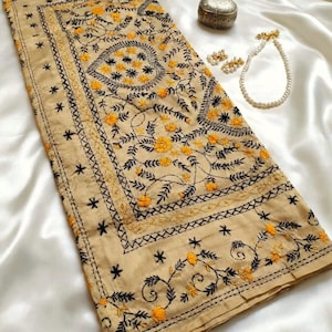 Floral Kantha Stitch Tussar Silk Saree, Handwoven Beige Assam Silk Boutique Design saree for Puja