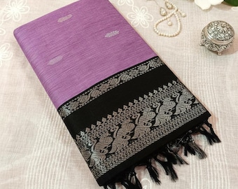 Sari de seda y algodón Gadwal tejido a mano: Sari Kalyani con borde de zari en lavanda o malva y negro