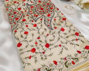 Sari de seda Tussar tejido a mano con bordado Kantha floral, diseño boutique con bordado Bullion de Assam.