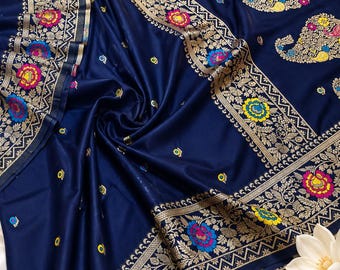 Sari de seda Benarasi Katan, trabajo Mina multicolor Resham Sari