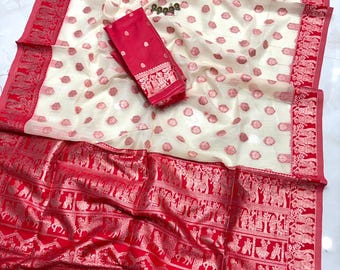 Sari de seda brillante Soft Resham Katan / Bordado zari en todo el cuerpo con pieza para blusa