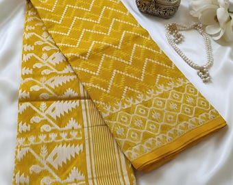 Algodón tejido a mano Dhakai Jamdani Saree con blusa / Bengal Handloom Ropa festiva Sari