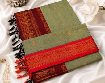 Sari de seda y algodón Gadwal verde oliva / Sari Kalyani color granate con borde dorado Zari para mujer