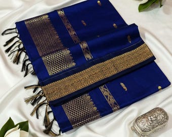 Sari de algodón y seda tejido a mano Blue Gadwal con borde dorado Zari, sari Kalyani para mujer
