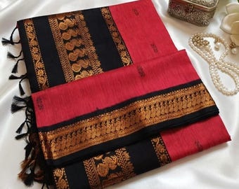 Sari de seda y algodón Gadwal tejido a mano / Sari Kalyani color melocotón intenso con borde de zari de cobre negro