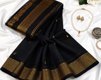 Sari de seda y algodón Gadwal negro tejido a mano, con borde de zari metálico en el pallu, sari Kalyani para mujer.