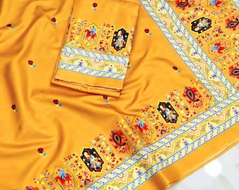 Pashmina Kanni Impreso Arte Tussar Seda Sari con pieza de blusa