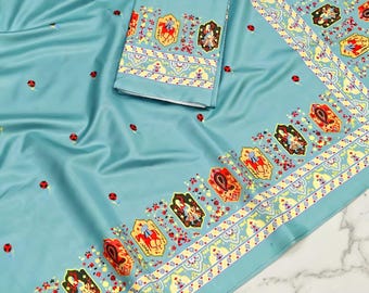 Pashmina Kanni Impreso Arte Tussar Seda Sari con pieza de blusa