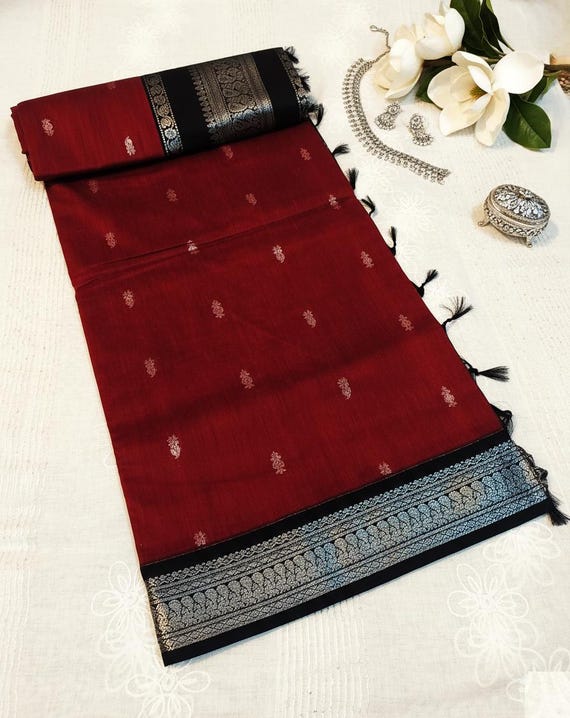 Cherry Red Gadwal Cotton Silk Saree with Black Zari Border | Daily wear lightweight saree