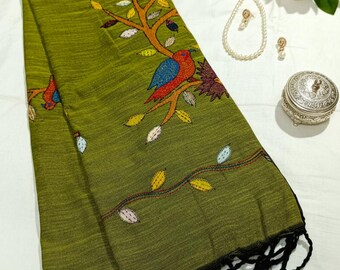 Kantha Stitch Applique Khadi Cotton Saree | Hand Embroidered Bird Motif Bengal Handloom Sari