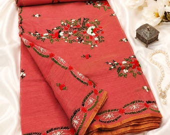 Sari rosa de seda Tussar con bordado Kantha floral tejido a mano / Diseño de nudo bullion de seda Assam
