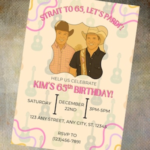 Puede incluir: Una invitación de cumpleaños beige claro con una ilustración de dibujos animados de dos hombres con sombreros de vaquero. La invitación incluye el texto "STRAIT TO 65, LET'S PARDI!" y "HELP US CELEBRATE KIM'S 65th BIRTHDAY!" con detalles del evento.