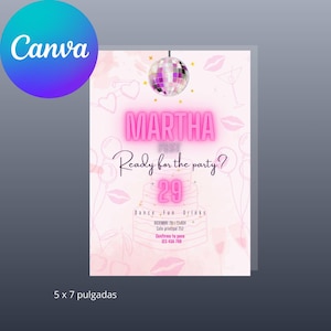 Puede incluir: Una invitación rosa para una fiesta con el nombre "MARTHA" en letras de neón rosa brillante. La invitación incluye el texto "Ready for the party?" y detalles del evento, incluido el número "29". La invitación mide 12,7 x 17,8 cm.