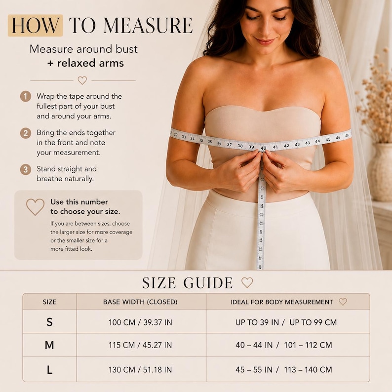 Puede incluir: Una gu&iacute;a de tallas titulada HOW TO MEASURE con instrucciones para envolver una cinta m&eacute;trica alrededor de la parte m&aacute;s ancha del busto y los brazos. Una tabla enumera las tallas S, M y L con anchos de base y medidas corporales en cent&iacute;metros.