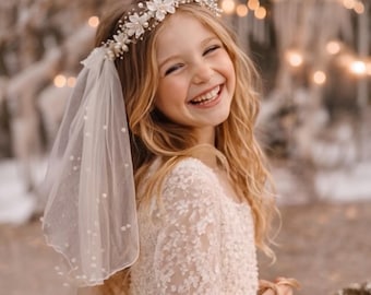 First Communion Veil, Flower Girl Headbad, Boho Halo, Headpiece Floral Crown For Girls