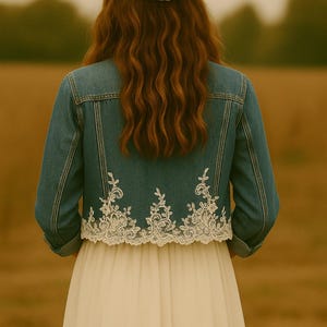 May include: A denim jacket with white lace detailing at the hem. The jacket is worn over a white dress. The person is wearing a white headband. The background is a blurred field.