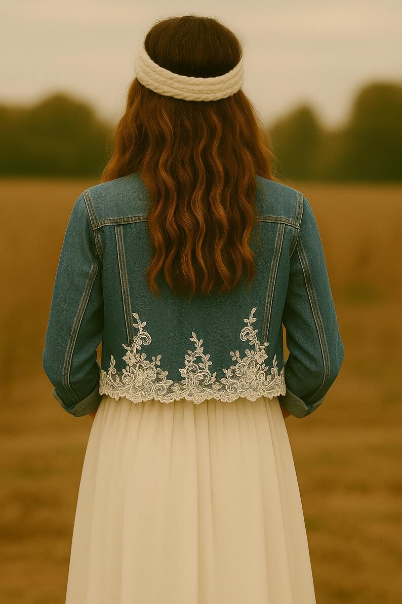 May include: A denim jacket with white lace detailing at the hem. The jacket is worn over a white dress. The person is wearing a white headband. The background is a blurred field.