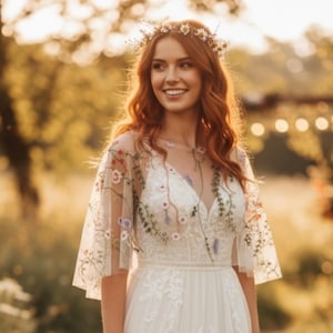 May include: A white dress featuring a sheer overlay with colorful floral embroidery on the sleeves and bodice, paired with a delicate daisy flower crown. The garment has a V-neckline and a fitted waist, showcasing intricate needlework details.