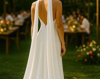 May include: A white wedding dress with a halter neckline and open back. The dress features flowing fabric that drapes down the back. The bride is wearing a floral crown. The background shows a garden setting with string lights and tables.