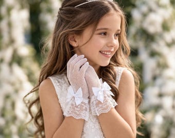 Flower Girl Gloves White – Lace Communion Gloves for Girls, Elegant First Communion Accessories