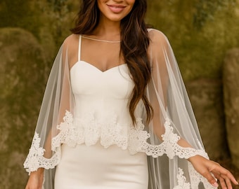 Cathedral Cape - Wedding Cape for Bride Sheer Wedding Capelet - Bridal Cape - Wedding Dress Topper Lace Cape Flower Wedding Veil