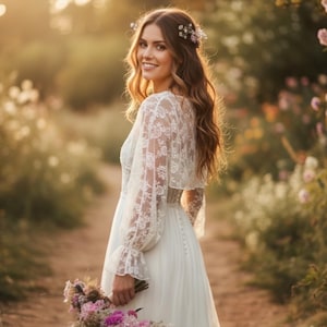 May include: A woman in a white lace wedding dress with long sleeves and a floral headpiece. She is holding a bouquet of pink and purple flowers. The dress has a button-down back and a flowing skirt. The background is a blurred outdoor scene with flowers.