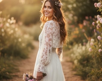 Ivory Lace Bridal Bolero – Long Sleeve Wedding Lace Shrug for Bride