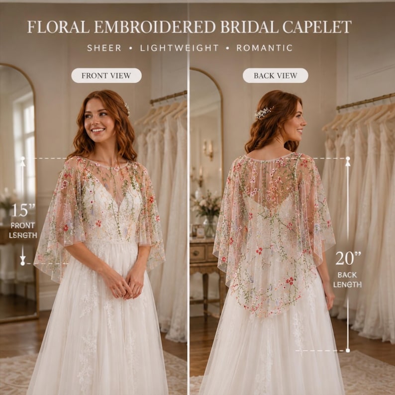 May include: A sheer floral embroidered bridal capelet featuring colorful botanical patterns. The front view shows a 15-inch length, while the back view displays a 20-inch length. The garment is worn over a white dress, showcasing delicate stitching.