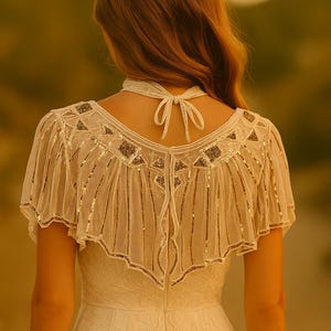 May include: A woman wearing a white dress with a floral crown and a sheer, embellished cape. The dress has a high neckline with a tie at the back. The cape is adorned with sequins and vertical lines.