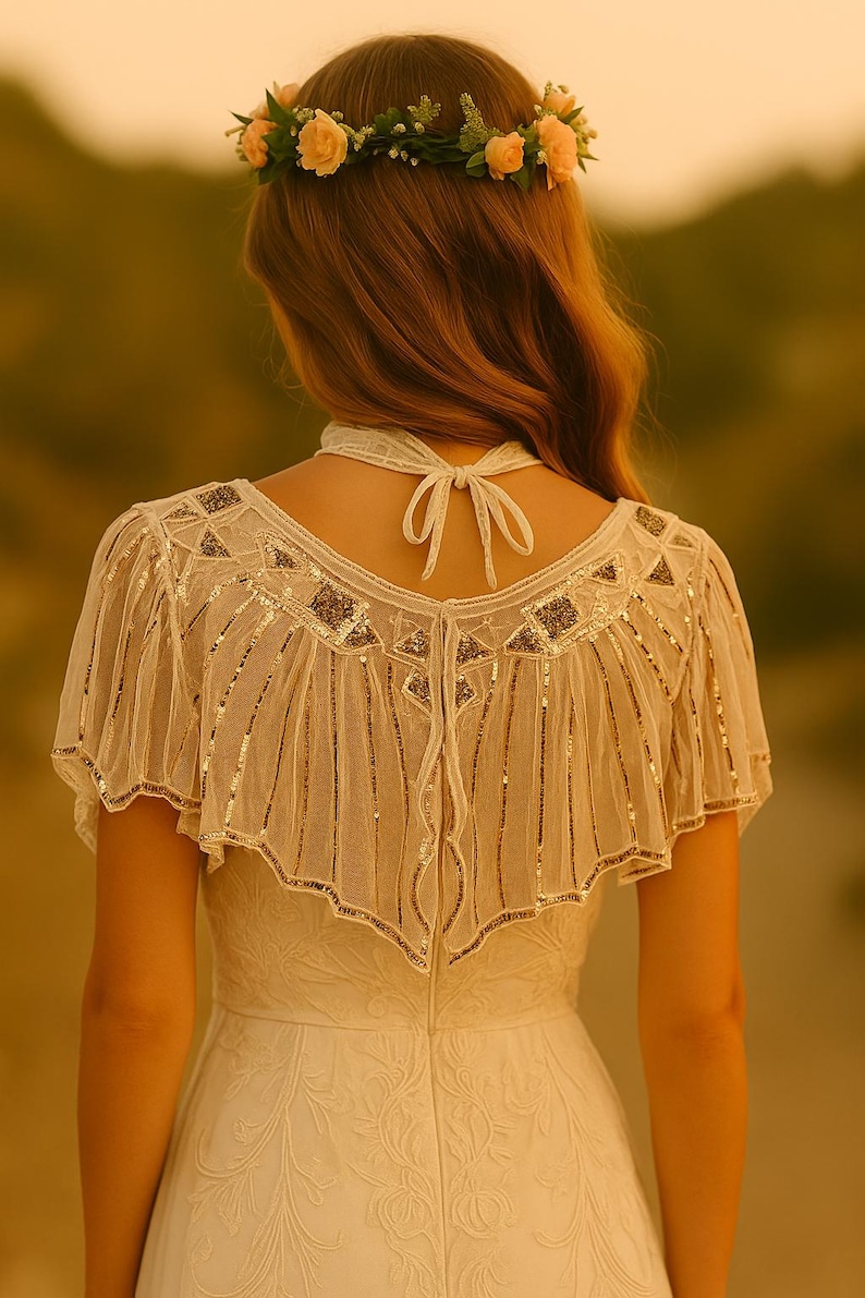 May include: A woman wearing a white dress with a floral crown and a sheer, embellished cape. The dress has a high neckline with a tie at the back. The cape is adorned with sequins and vertical lines.