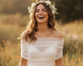 Bridal Pearl Tulle Off Shoulder Wrap – Sheer Wedding Topper for Bride – Elegant Pearled Shawl