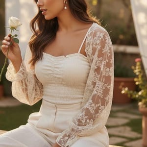 Ivory Lace Bridal Bolero – Long Sleeve Wedding Lace Shrug for Bride image 18