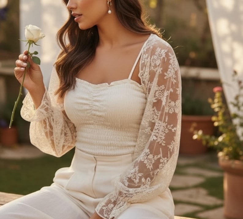 Ivory Lace Bridal Bolero – Long Sleeve Wedding Lace Shrug for Bride image 18