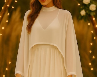Bridal Cape, Wedding Cape for Bride, Sheer White Maxi Wedding Capelet Boho Wedding Dress Cape Veil Chiffon Cover Up Dress Wedding Shawl