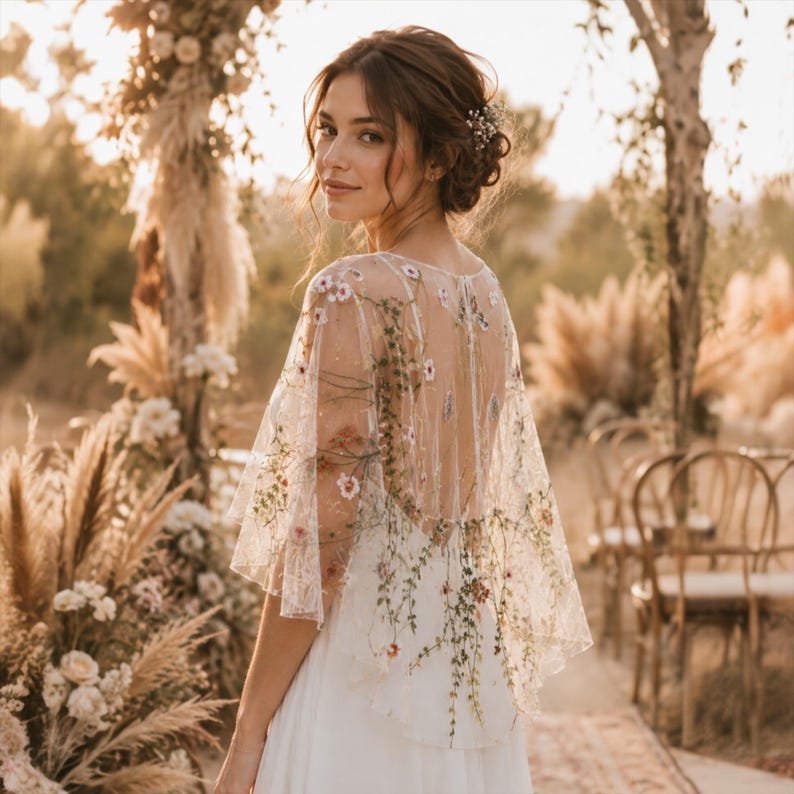 May include: A sheer white bridal capelet featuring delicate, multi-colored floral embroidery with green vines and small pink and white blossoms. The capelet has a wide, flowing silhouette that drapes over the shoulders, worn over a simple white dress.