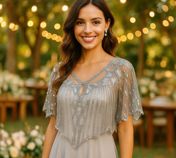 Silver Sequin Cape Shawl, Art Deco Beaded Wrap, 1920s Gatsby Capelet, Cocktail Party Cover Up, Holiday Evening Shawl