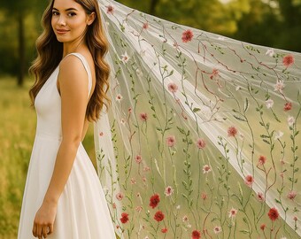 Embroidered Floral Wedding Veil, Long tulle Veil with Colorful Flowers, Boho Bridal Veil, 3D Floral Veil, Botanical Veil