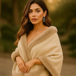 Faux Fur Coat, Warm Winter Wedding Stole, Fur Shawl Wrap, Elegant Wool Cape for Guest or Mother of the Bride