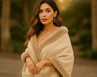 Faux Fur Coat, Warm Winter Wedding Stole, Fur Shawl Wrap, Elegant Wool Cape for Guest or Mother of the Bride
