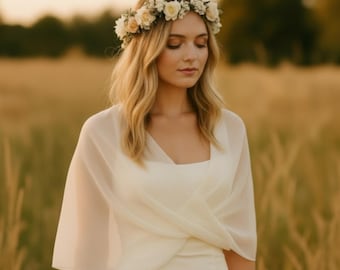 Chiffon Bridal Shawl – Ethereal Closed Loop Wedding Cover Up in White or Butter