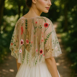 Wedding Cape For Bride - Floral Embroidered Floral Tulle Veil - Bride Cape - Sheer Cover Up Dress Topper Minimalist Wedding Shawl image 14