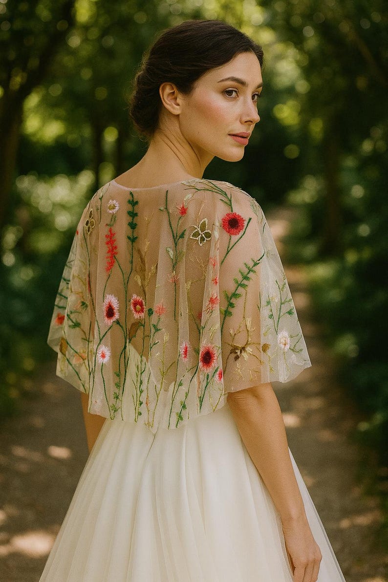 Wedding Cape For Bride - Floral Embroidered Floral Tulle Veil - Bride Cape - Sheer Cover Up Dress Topper Minimalist Wedding Shawl image 14