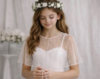 Girls Tulle Cape – Pearl Sheer Shoulder Cover for First Communion Dress, Short Capelet for Girls