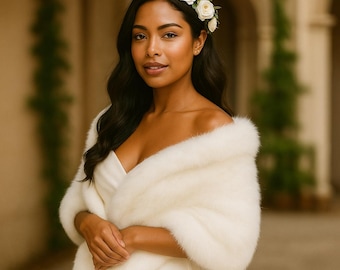 May include: A woman wearing a white dress and a cream-colored faux fur shawl. She has a floral headpiece with white roses. The background is a blurred outdoor setting with architectural details.