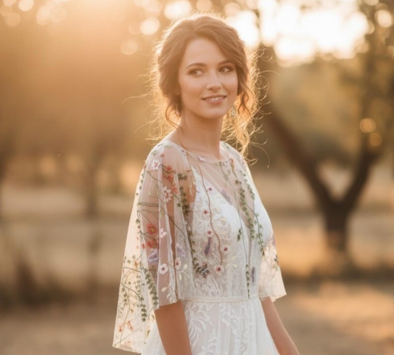 May include: A white sheer bridal capelet featuring delicate, multi-colored floral embroidery with green vines and small blossoms. The garment has a wide, flowing silhouette with short sleeves and a round neckline, worn over a white lace dress.