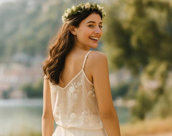 Camisola de novia de encaje marfil: top de encaje bordado transparente para novia, blusa romántica para preparativos, atuendo para boda o luna de miel.