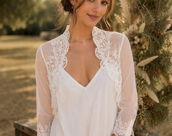Lace Bridal Bolero – Long Sleeve Wedding Lace Shrug for Bride. Off White Sheer Bolero