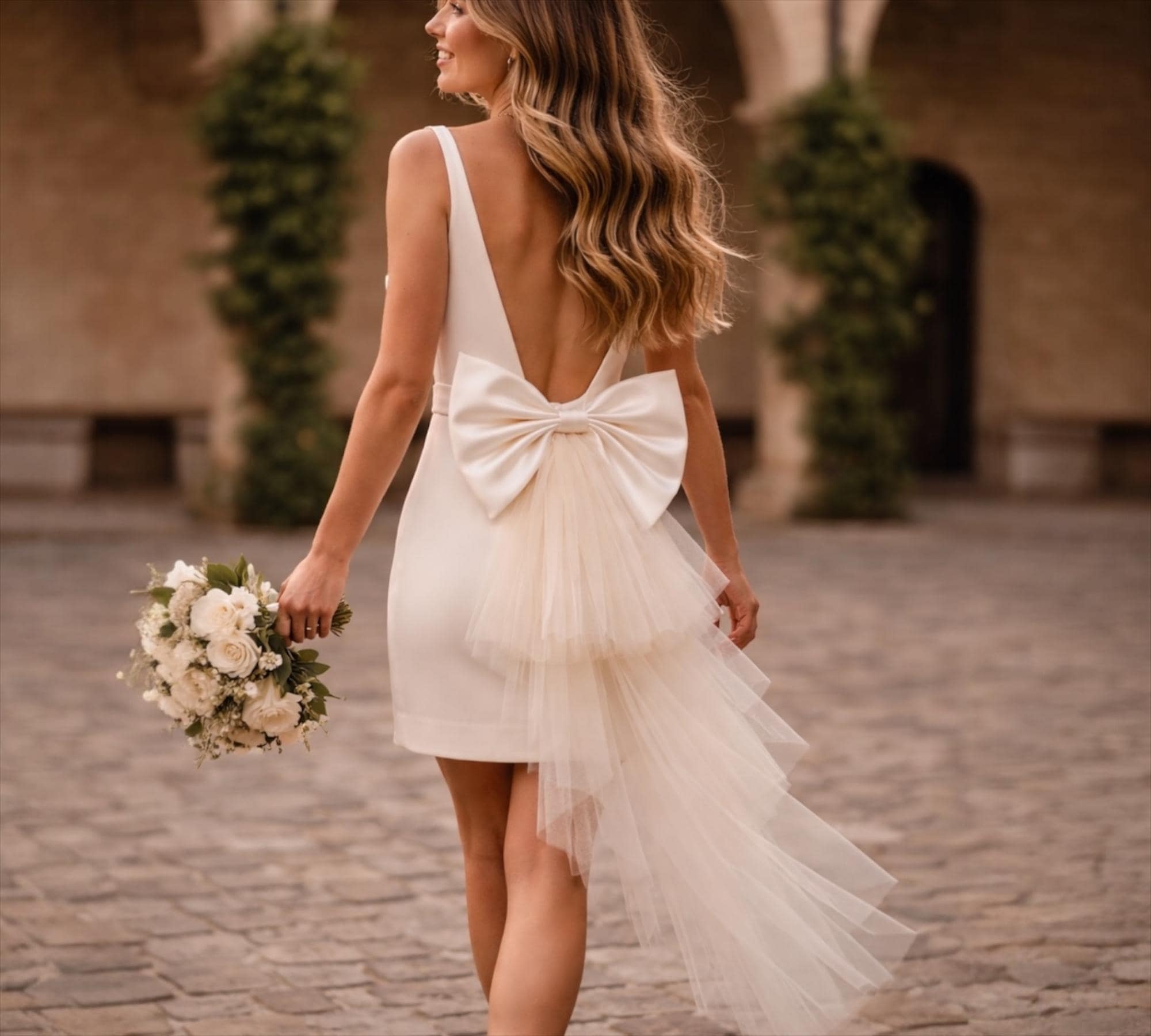 bridal shower dress with bow on back Elopement Dress With Bow Bridal Shower White Dress Midi Square Neck Second Wedding  Dress With Bows Bridal Shower Dress Reception Dress